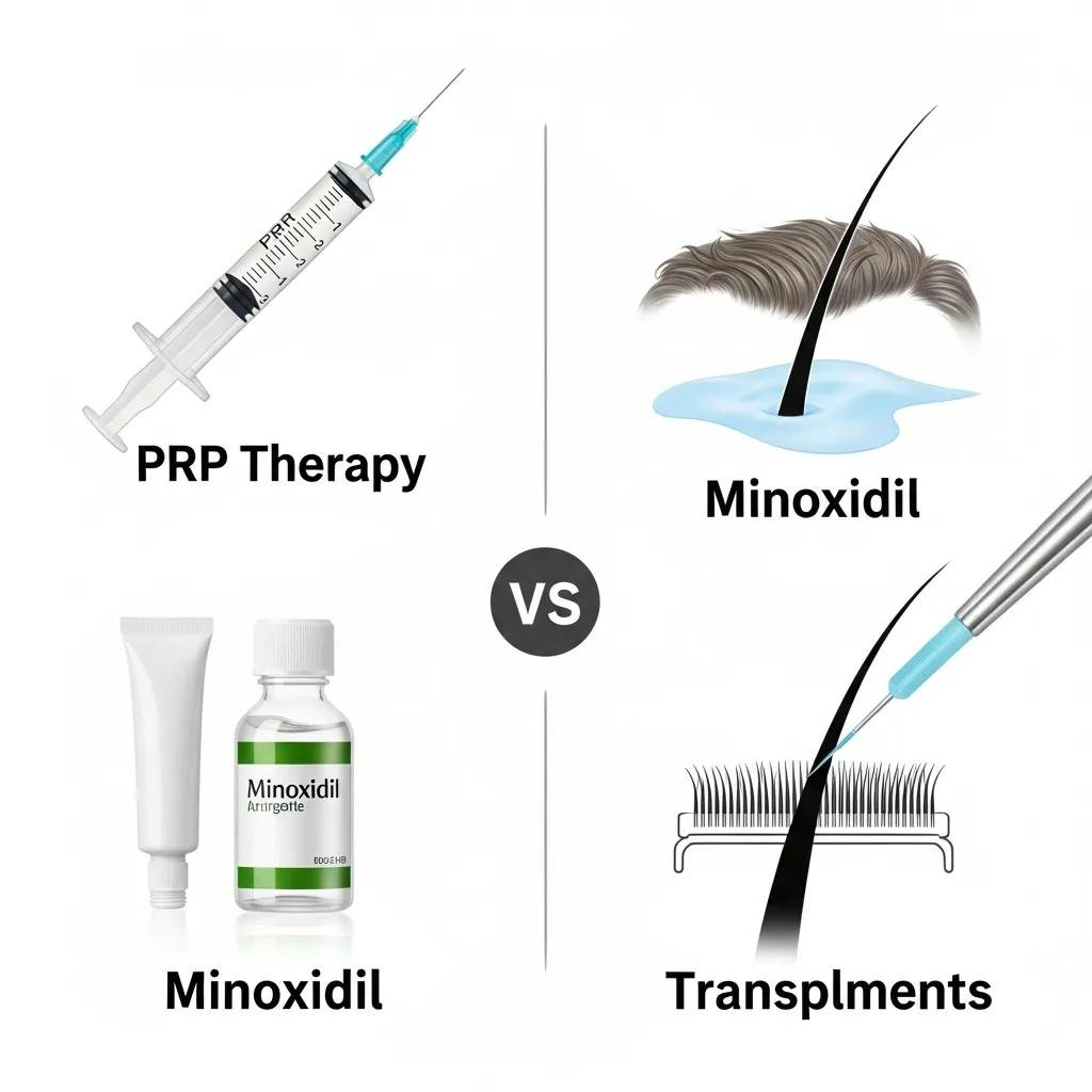 Visual comparison of PRP, topical treatments, and hair transplant options