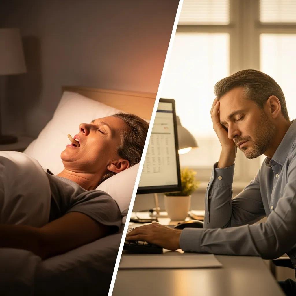 Split image: one person snoring at night, another awake and tired during the day — common sleep apnea signs