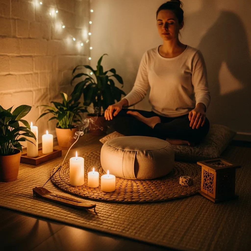 Cozy indoor meditation space with a person preparing to meditate, warm and calm