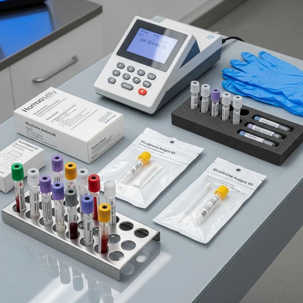 Laboratory vials, microbiome testing kits, and diagnostic tools used in personalized autoimmune assessment