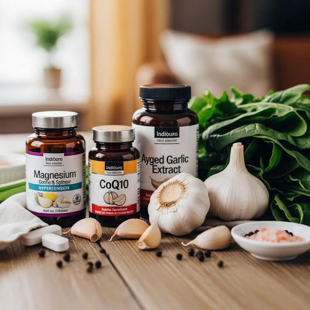 Supplements and fresh whole foods displayed together to support cardiovascular health