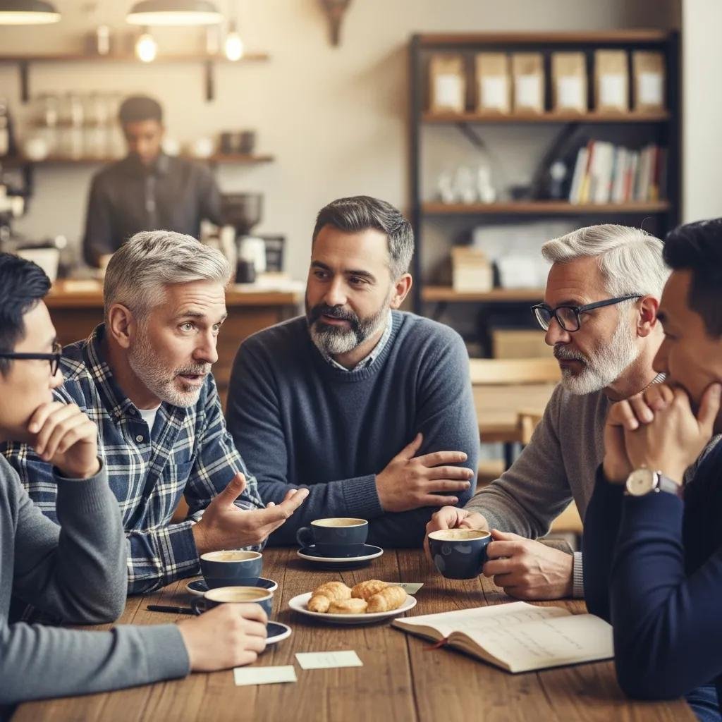 Diverse group of middle-aged men discussing health and wellness, highlighting common symptoms of andropause
