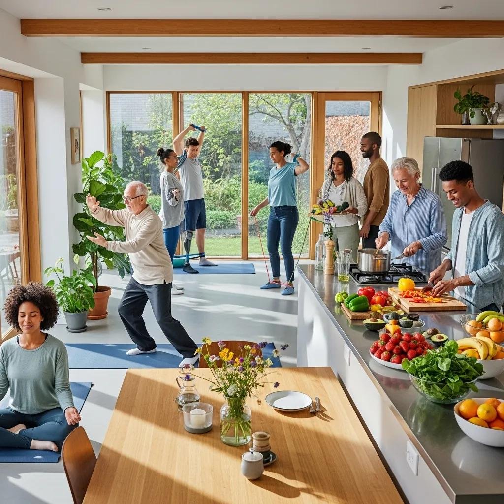 Diverse group of people engaging in healthy lifestyle activities for cognitive longevity