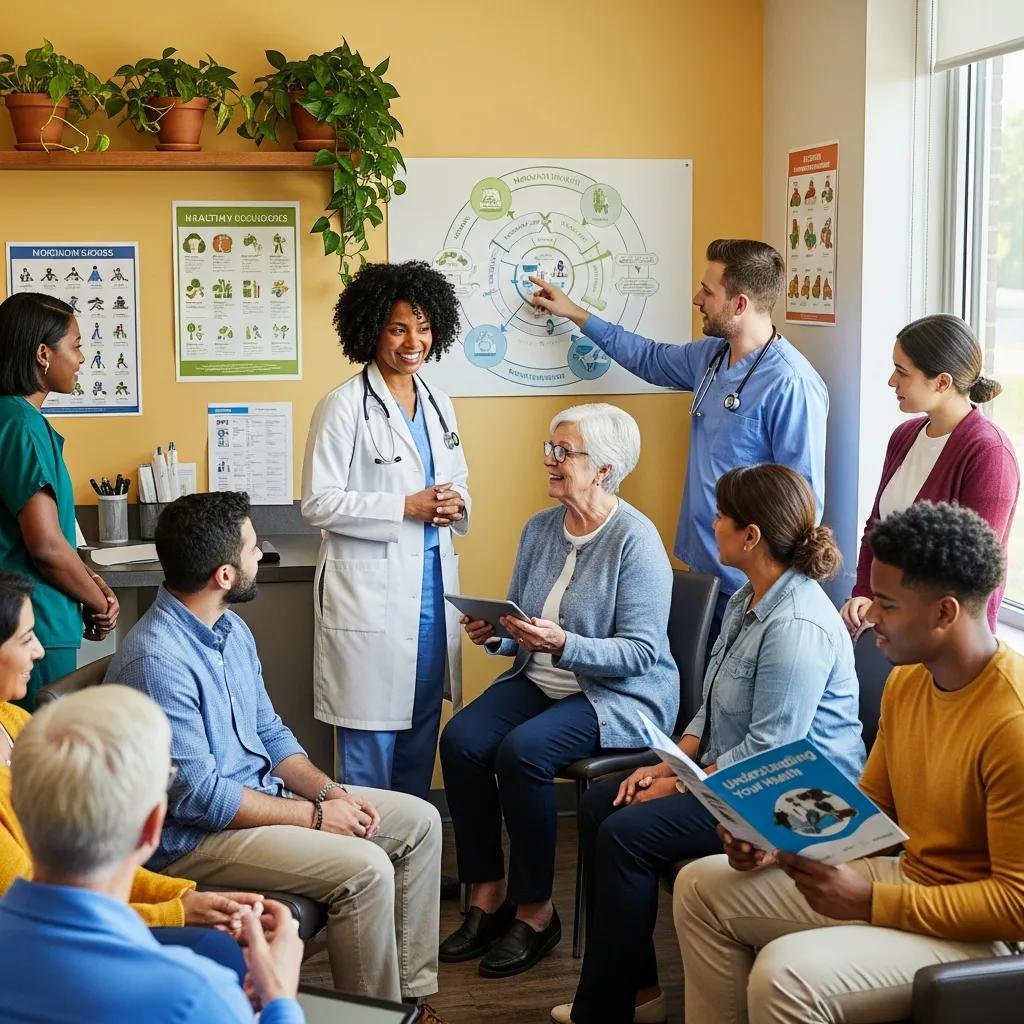 Diverse patients and healthcare professionals collaborating in a holistic health education setting