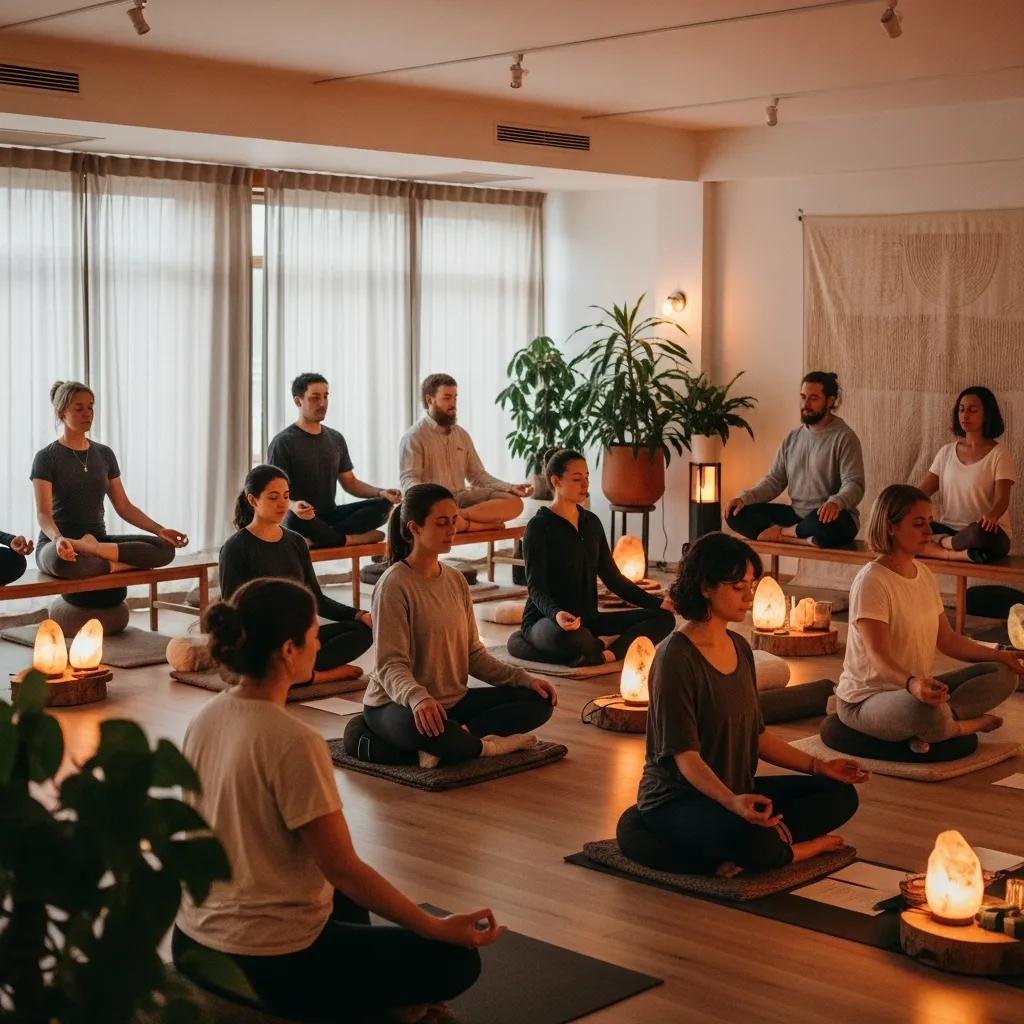 Group meditation session showing people practicing mindfulness to reduce anxiety