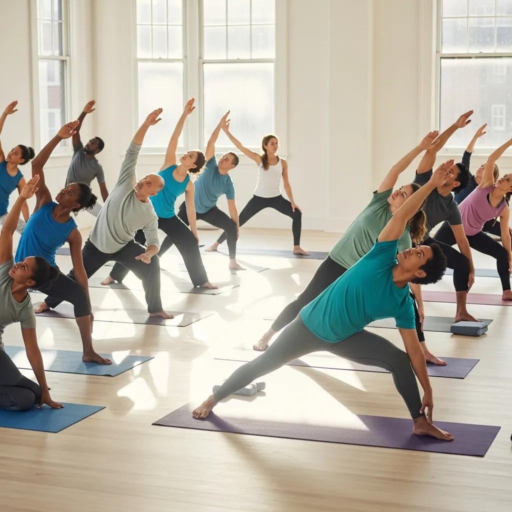 Small group practicing yoga in a bright studio — illustrating stress‑management techniques used during nicotine withdrawal
