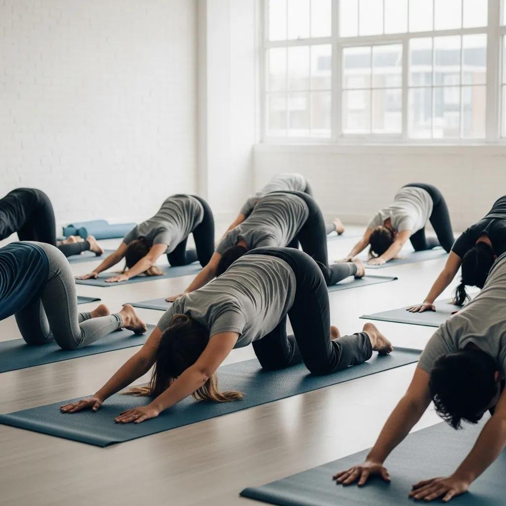 A small group practicing gentle yoga in a sunlit studio — illustrating mind-body practices for anxiety relief