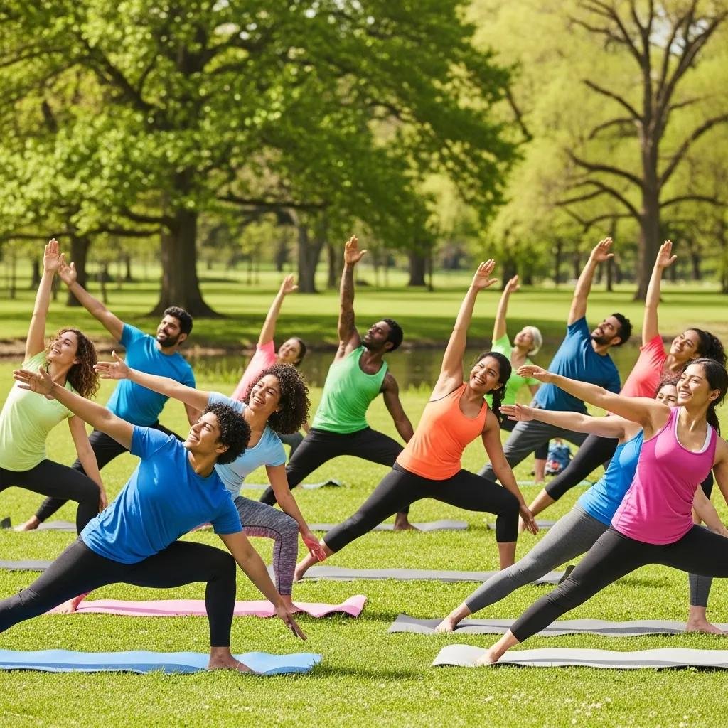 Outdoor group yoga class promoting emotional balance and wellness