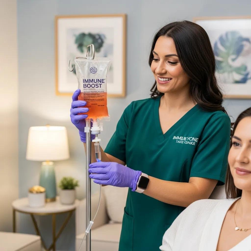 Healthcare professional administering an Immune Boost IV drip in a calming clinic environment