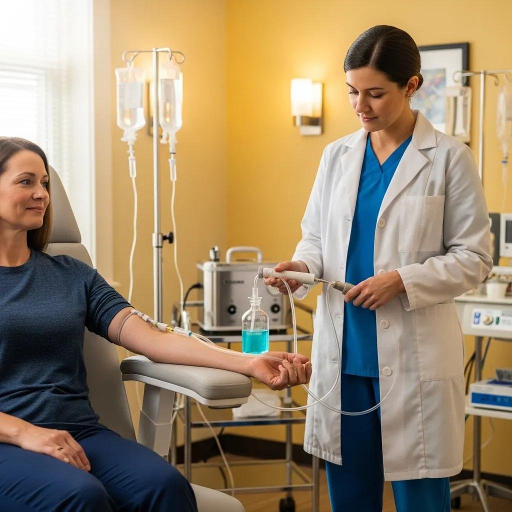 Healthcare professional administering ozone therapy in a clinical setting, emphasizing biooxidative therapies