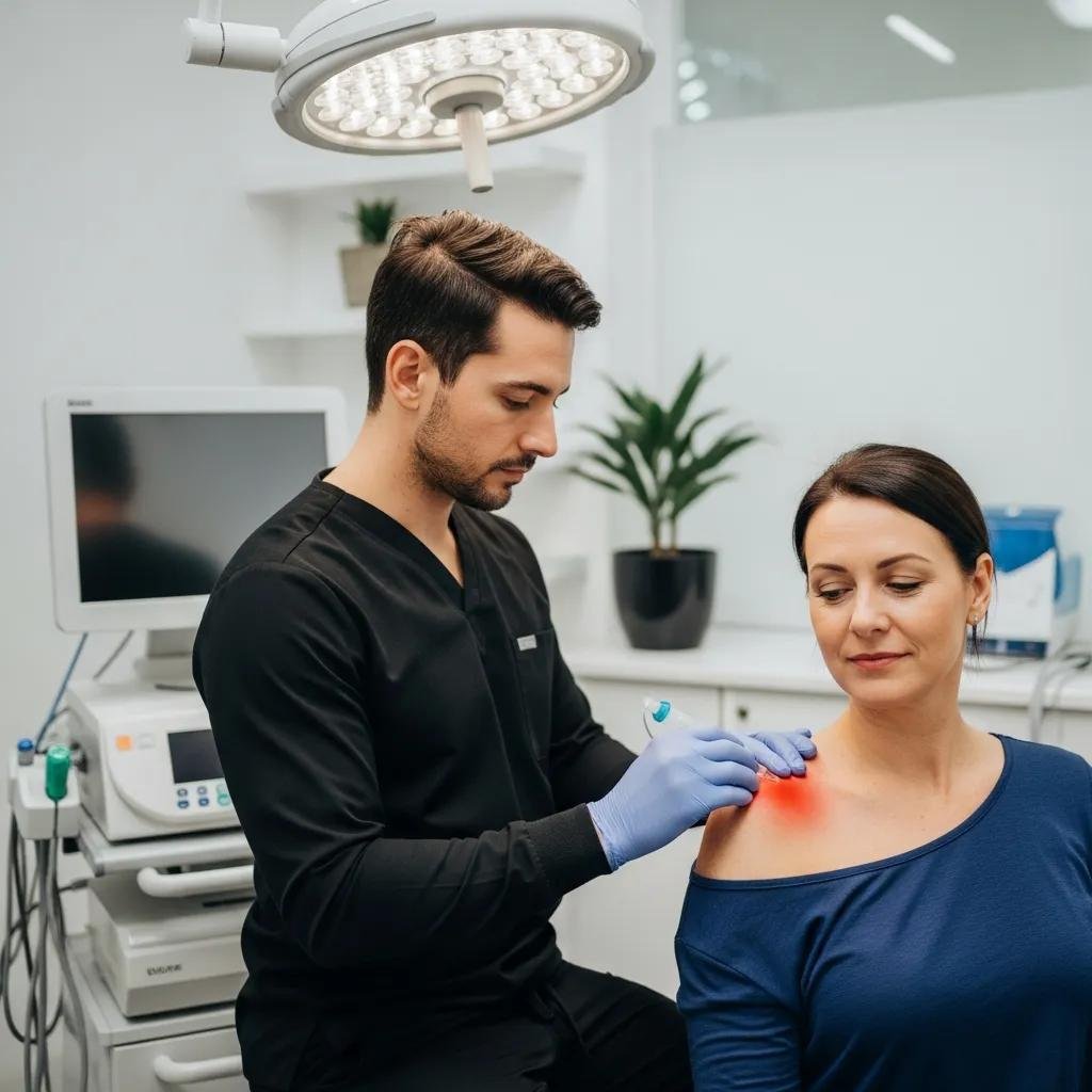 Healthcare professional administering stem cell therapy for shoulder pain in a modern clinic