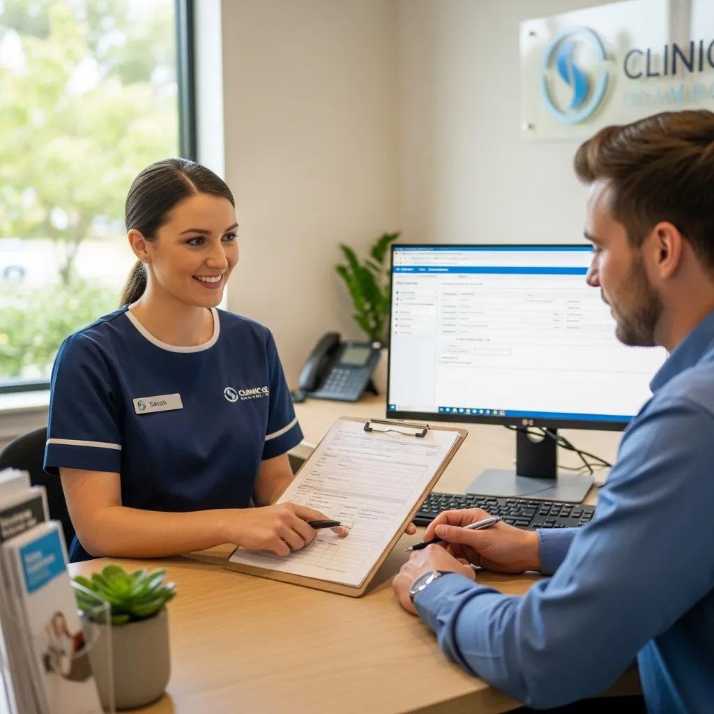 Healthcare professional guiding a new patient through onboarding forms in a modern clinic