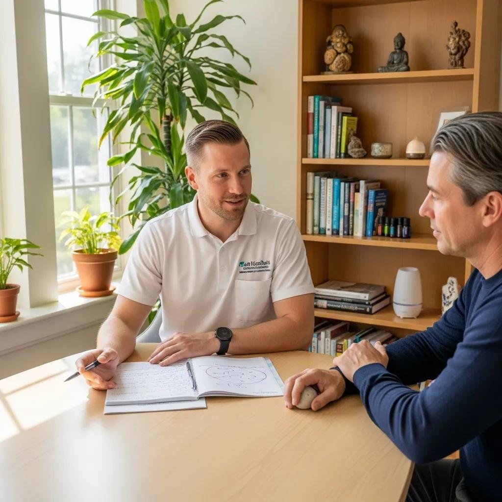 Clinician consulting with a male patient about holistic options for hormone optimization and wellbeing