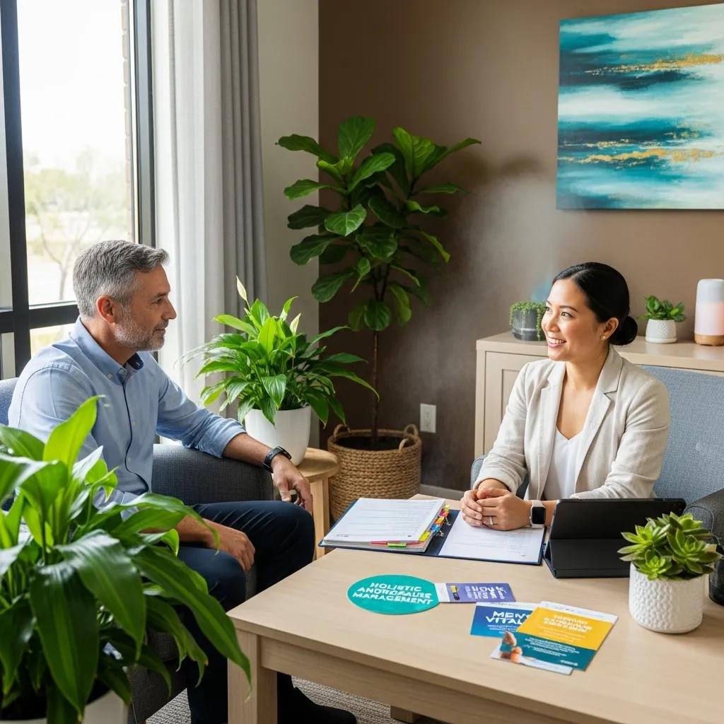 Healthcare professional consulting with a middle-aged man about holistic treatment options for andropause