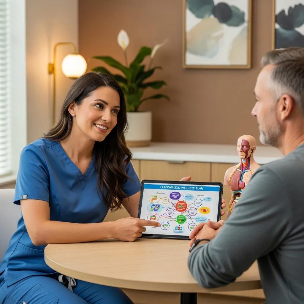 Clinician reviewing functional medicine options with a patient — a visual for personalized root-cause care