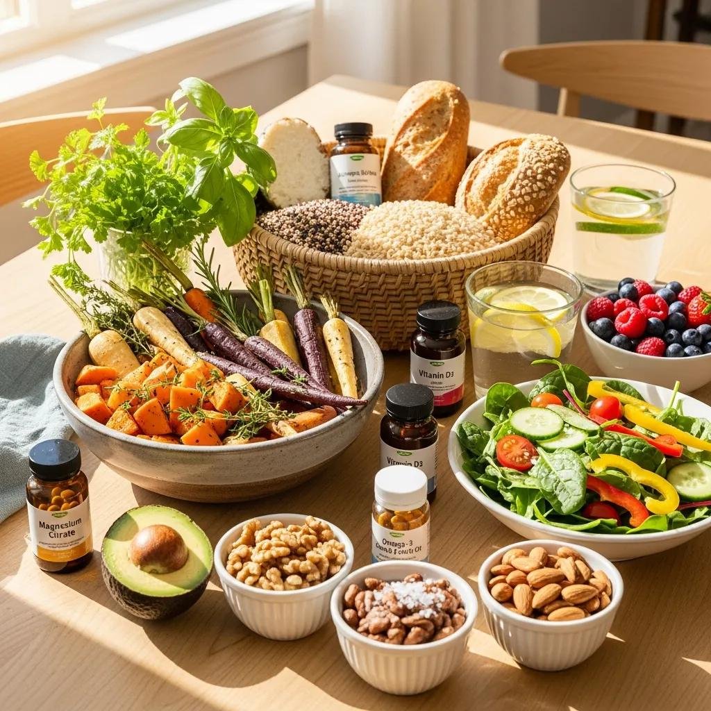 Plate of colorful whole foods and supplements — visual representing diet and natural supports for fibromyalgia