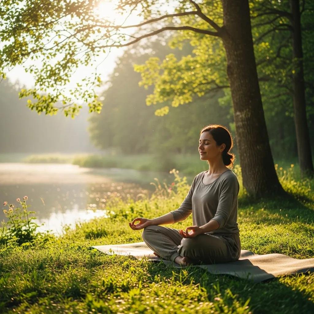 Person practicing mindful breathing outdoors to lower stress and support sleep