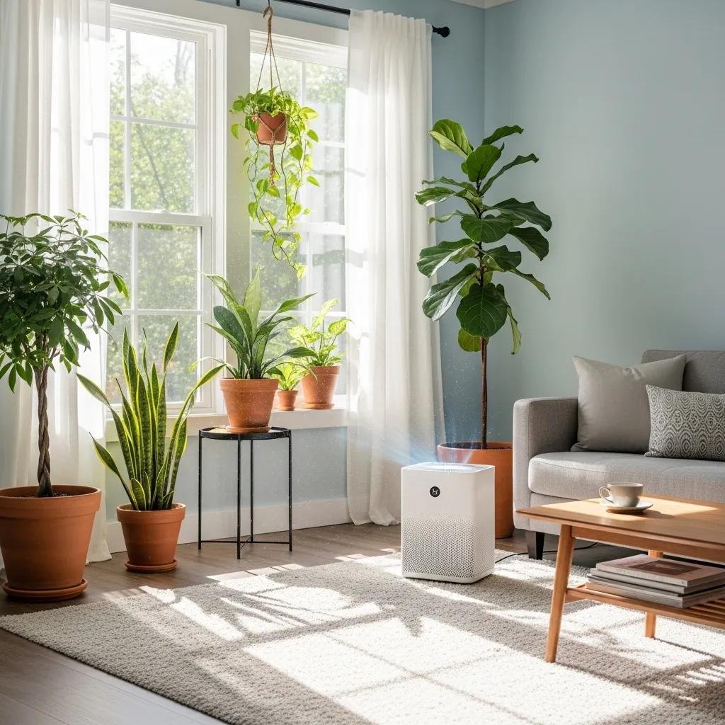 Indoor environment promoting health with air purifier and houseplants