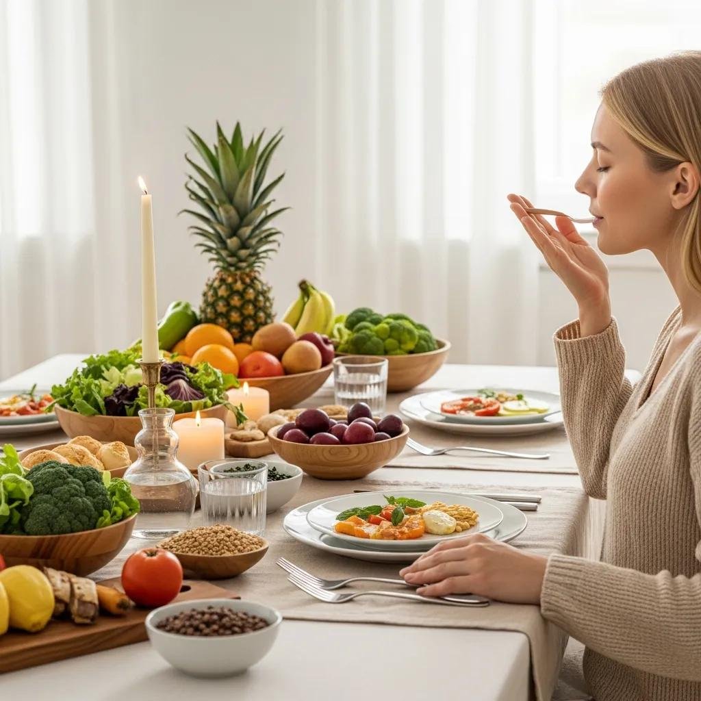 Mindful eating scene with a beautifully arranged table of healthy foods promoting digestion and wellness