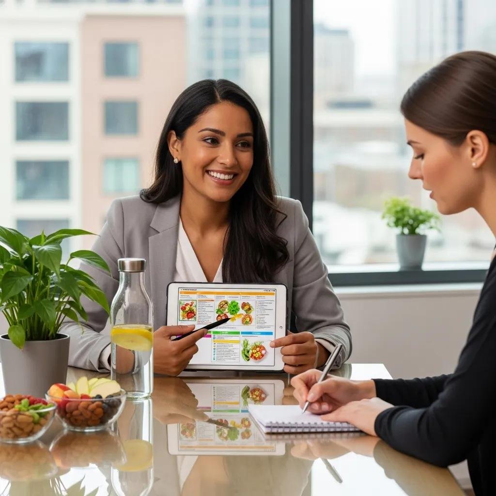 A nutrition coach reviewing meal plans with a client, showing lifestyle medicine in practice