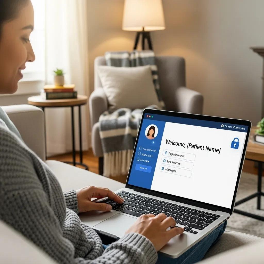 Patient using a secure online portal for holistic care from a comfortable home setting