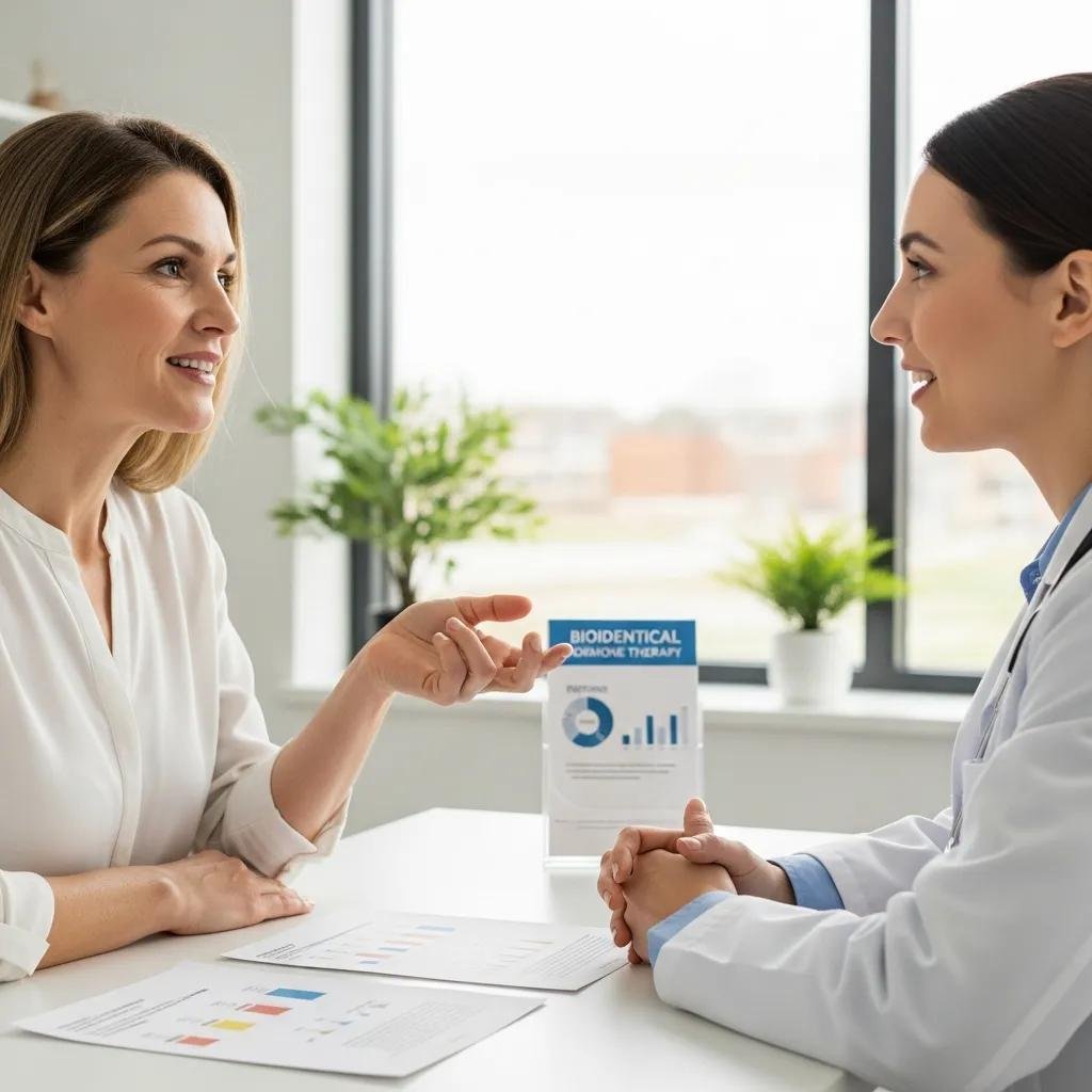 Patient talking with a clinician about bioidentical hormone therapy during a consultation
