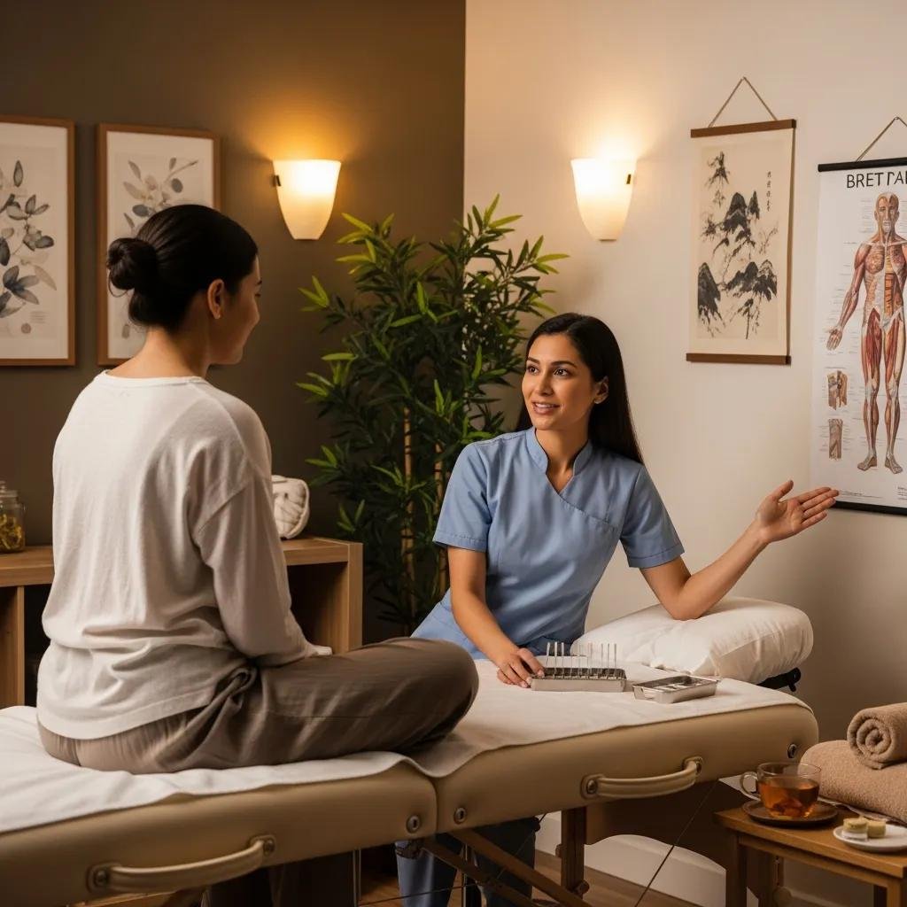 Patient preparing for an acupuncture session in a welcoming, professionally equipped clinic room