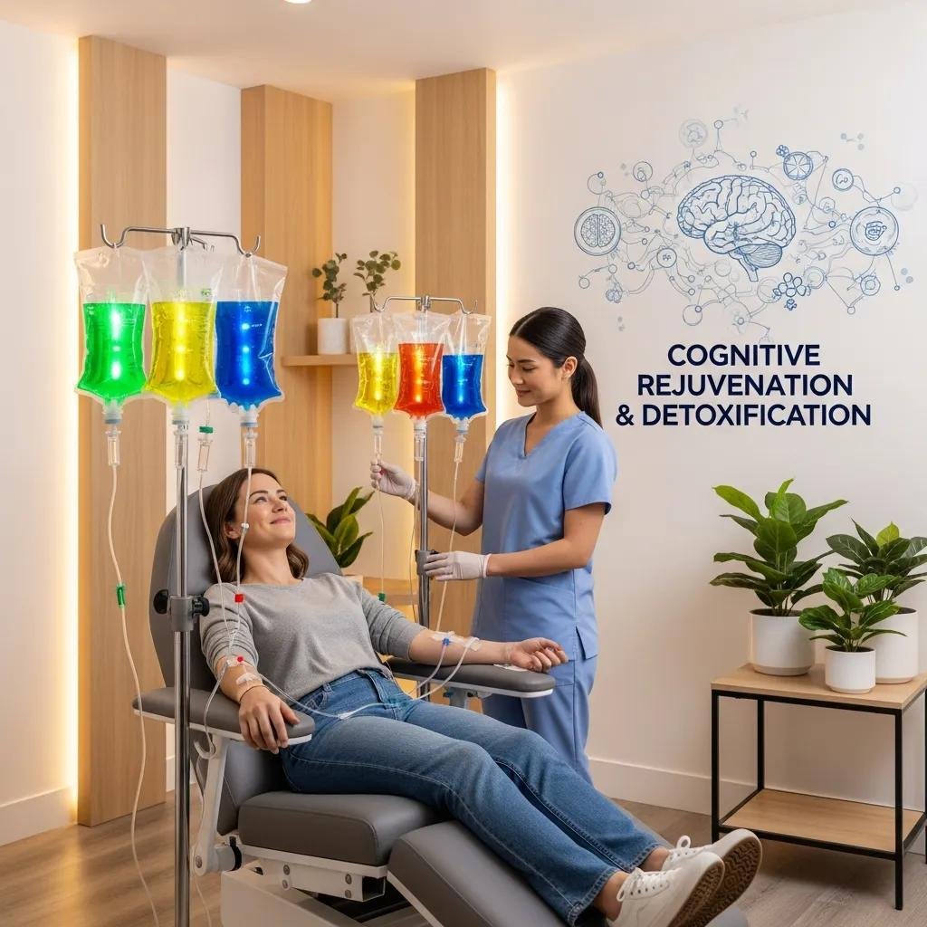 Patient receiving clinically supervised IV therapy to support cognitive and cellular recovery