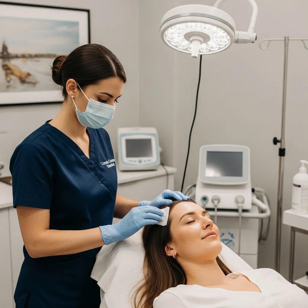 Patient receiving platelet-rich plasma treatment for hair loss in a serene clinic environment