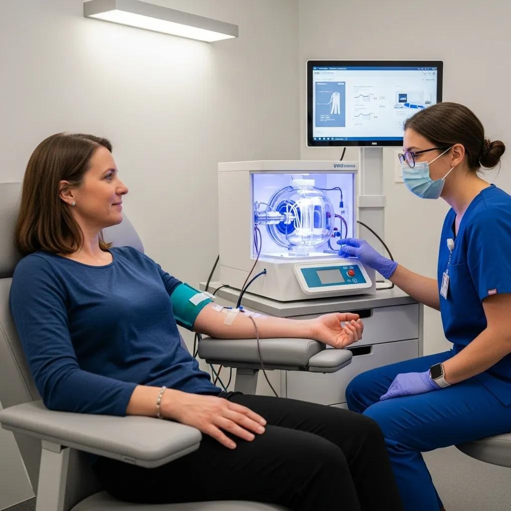 Patient receiving ultraviolet blood irradiation treatment while resting in clinic, emphasizing UVBI's role in immune support
