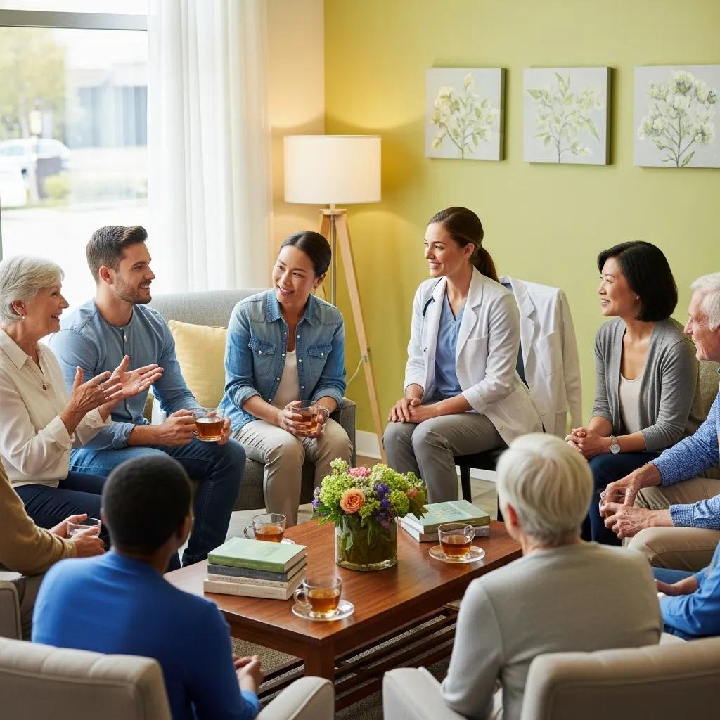 Patients sharing testimonials in a holistic health clinic, showcasing joy and relief