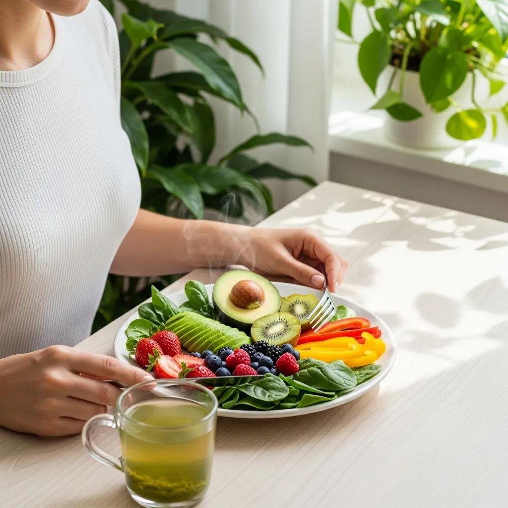 Person enjoying a nutrient-rich meal with fruits, vegetables, and green tea in a calm setting to illustrate holistic skin health.