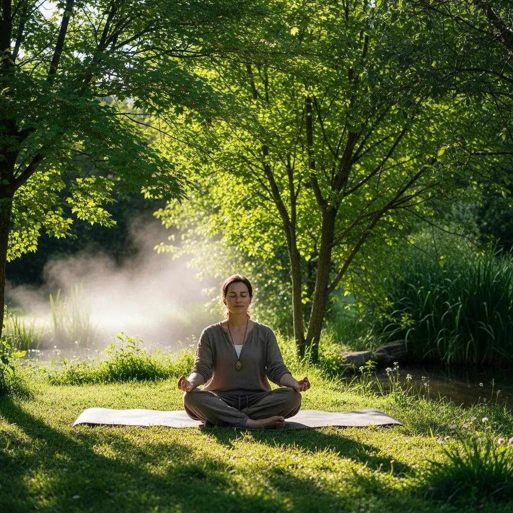 Person meditating in a tranquil outdoor setting, symbolizing holistic support for smoking cessation