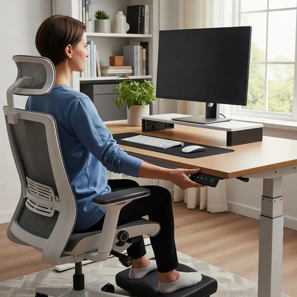 Person adjusting home office setup to reduce joint strain