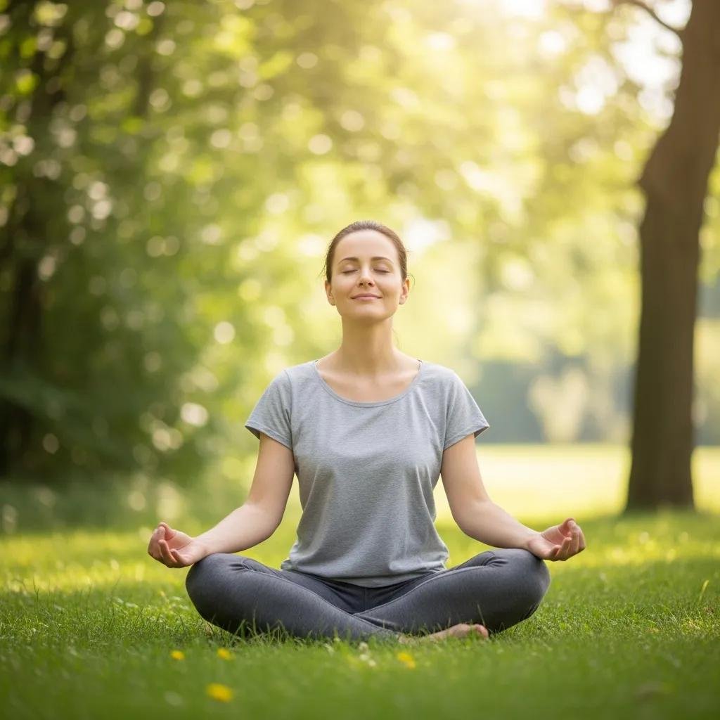 Person practicing mindfulness outdoors in a serene natural setting