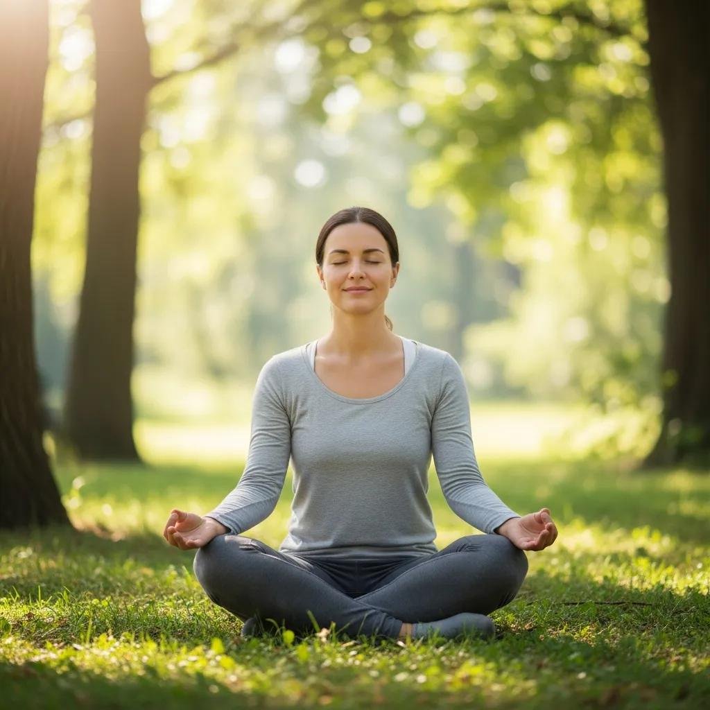 Person practicing mindfulness outdoors, surrounded by nature, representing holistic anxiety relief