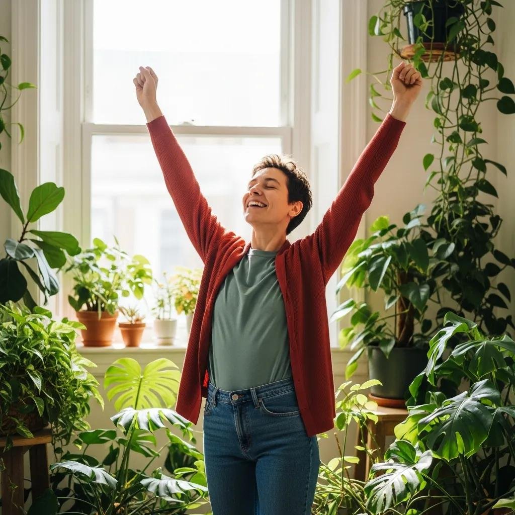 Person radiating calm, vitality, and well‑being in a sunlit room