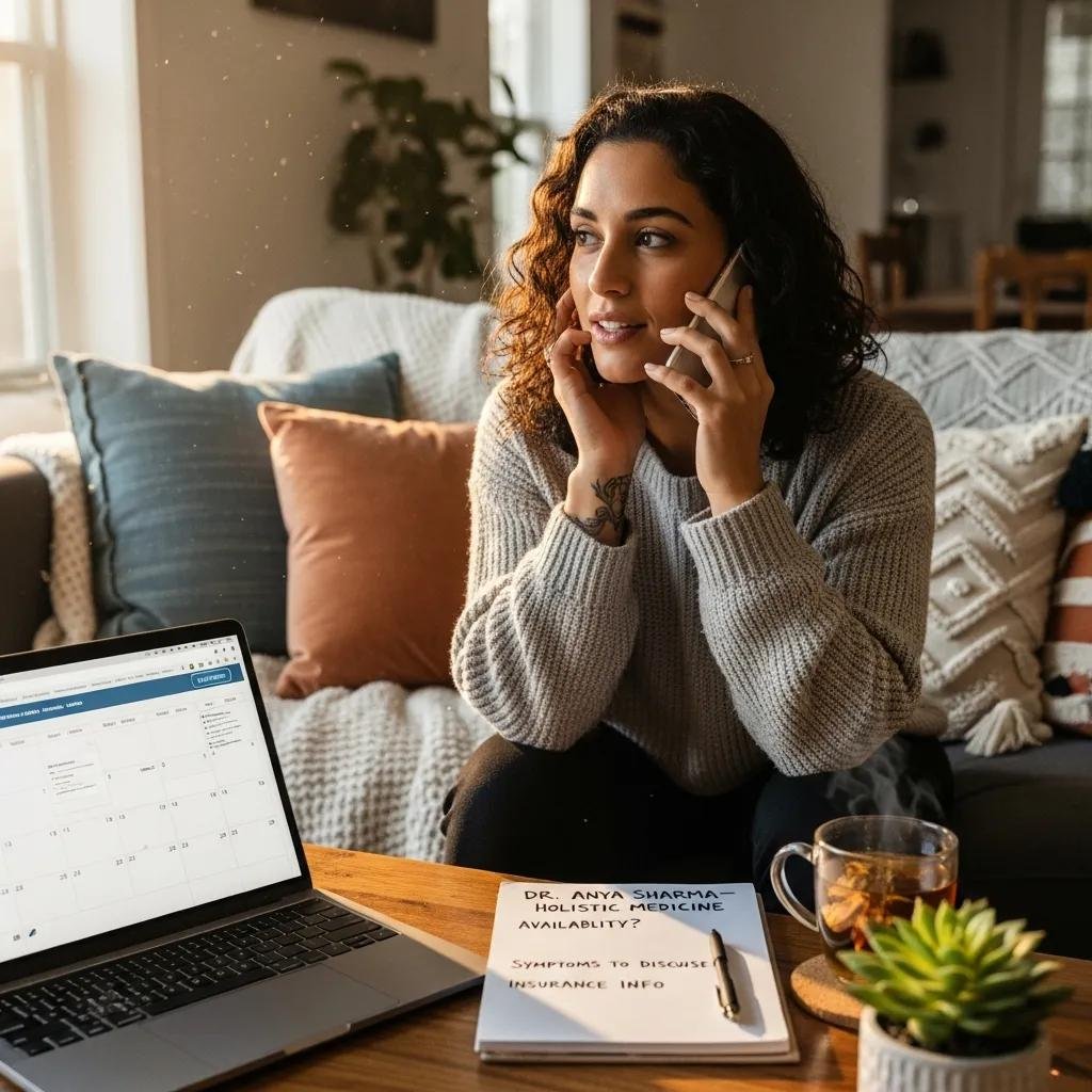 Person scheduling a consultation by phone from home, holding a notepad and pen