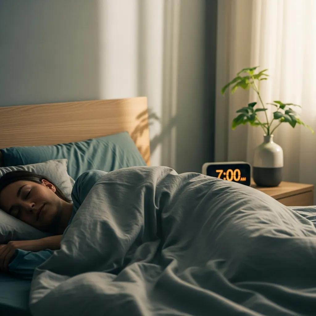 Person sleeping peacefully in a serene bedroom, emphasizing the importance of sleep health