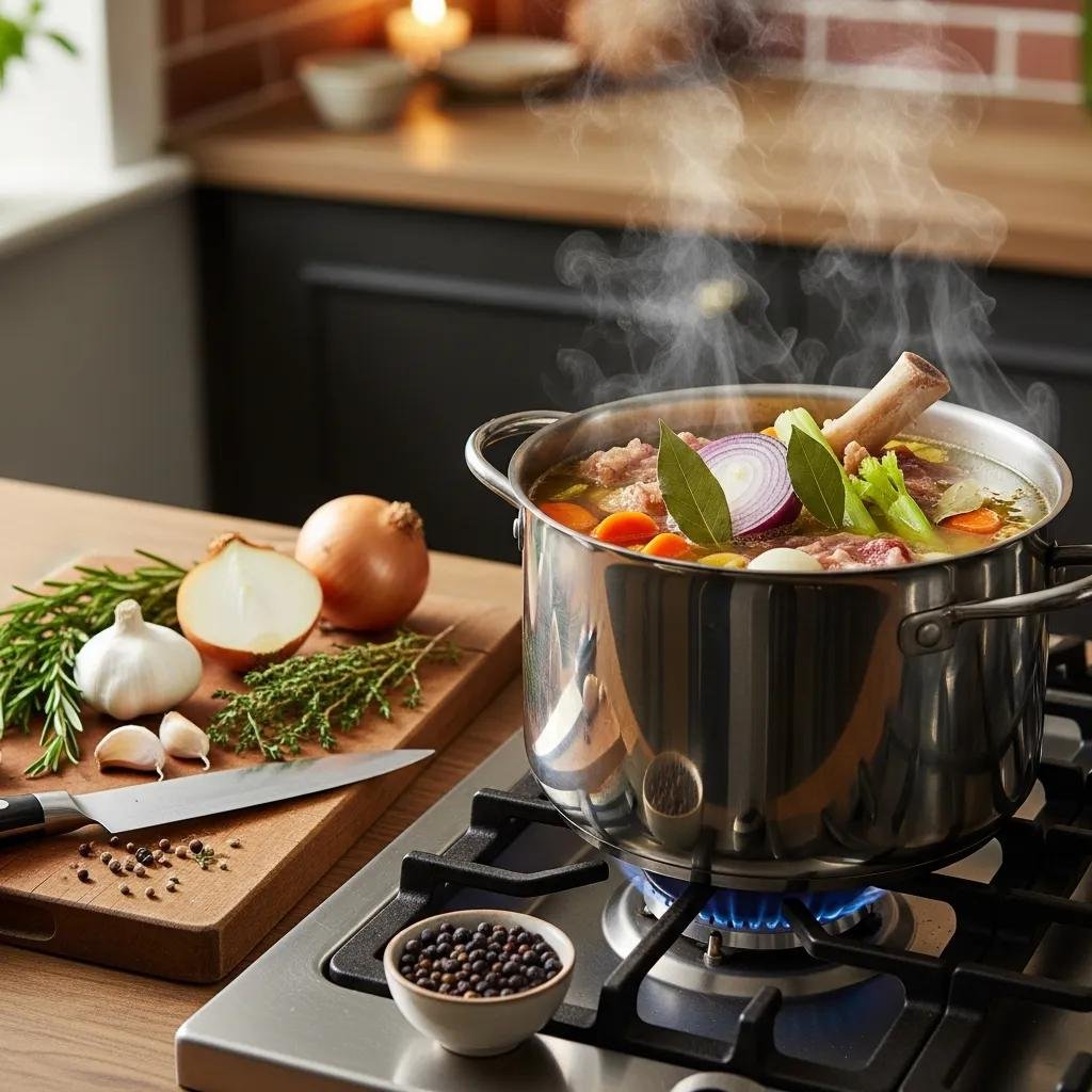 A pot of bone broth simmering with herbs and vegetables, demonstrating preparation for collagen support