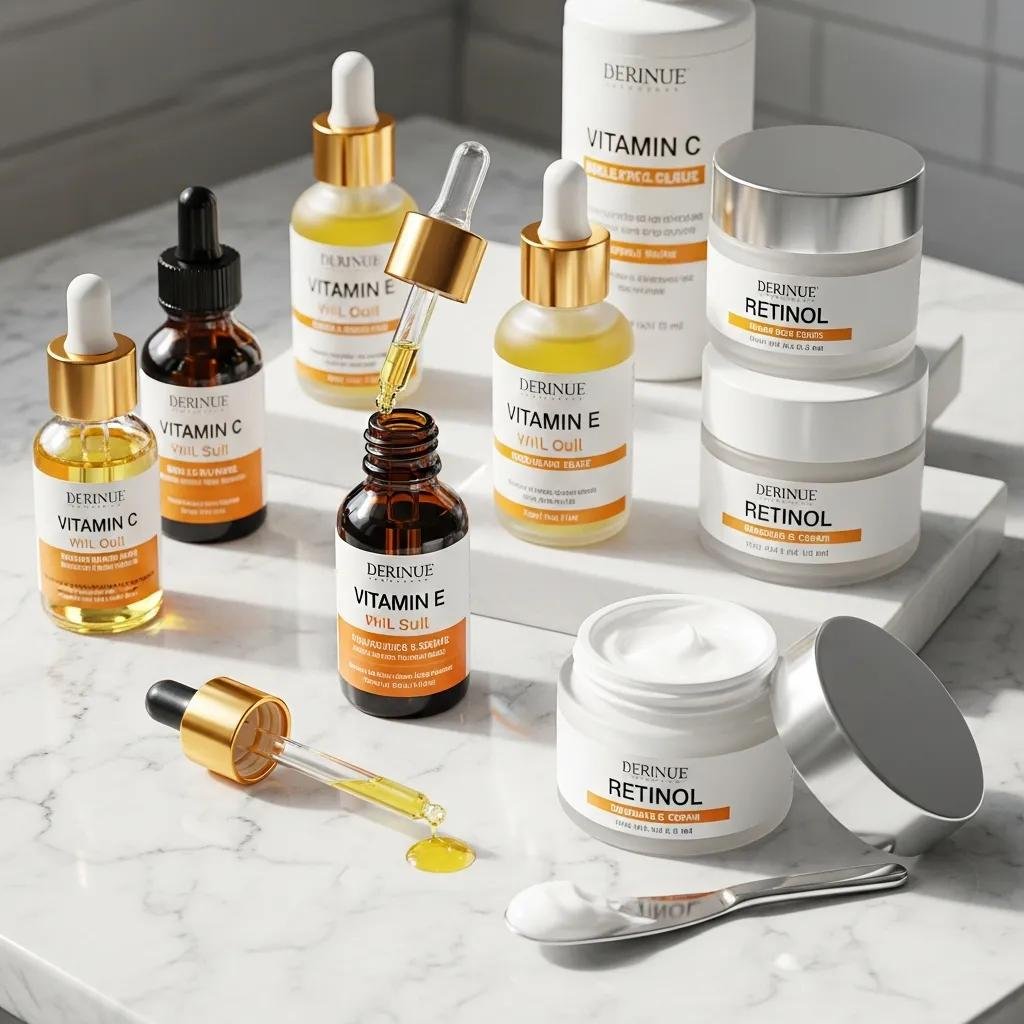 Skincare items — Vitamin C, Vitamin E, and retinol — arranged on a marble counter to represent leading anti‑aging antioxidants.