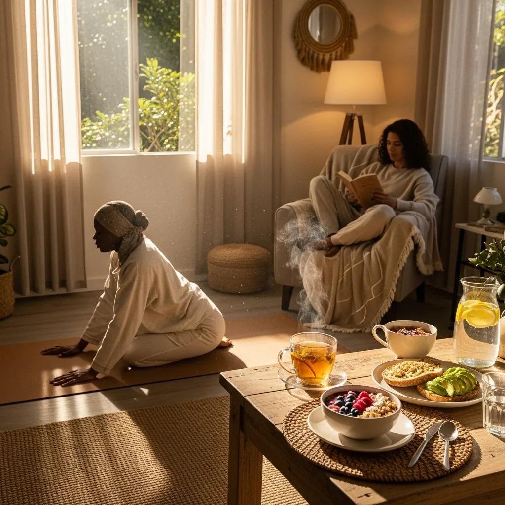 Lifestyle scene showing healthy habits that support deeper sleep and longevity