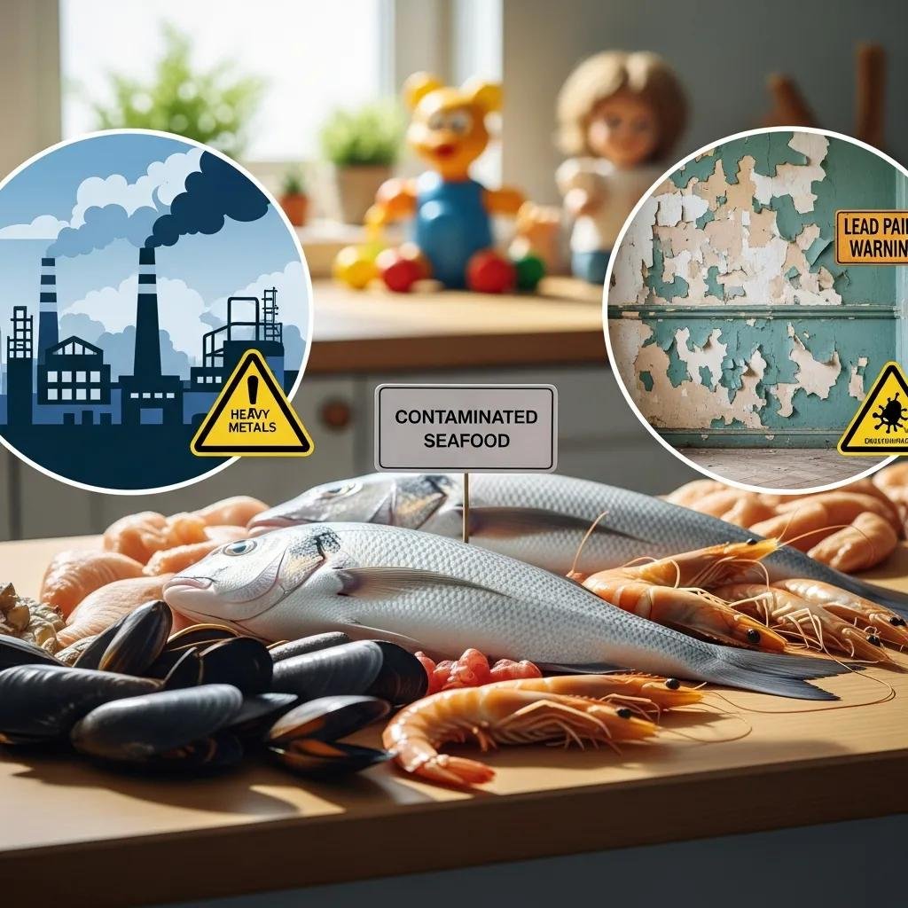 Illustration showing everyday sources of heavy metal exposure such as fish, old paint, and occupational tools