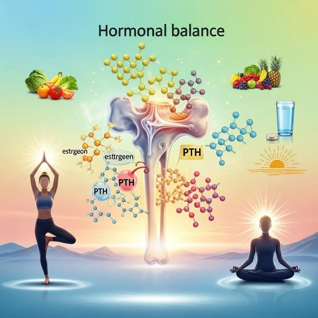 Illustration of hormones and bones showing how hormonal balance supports bone density and remodeling