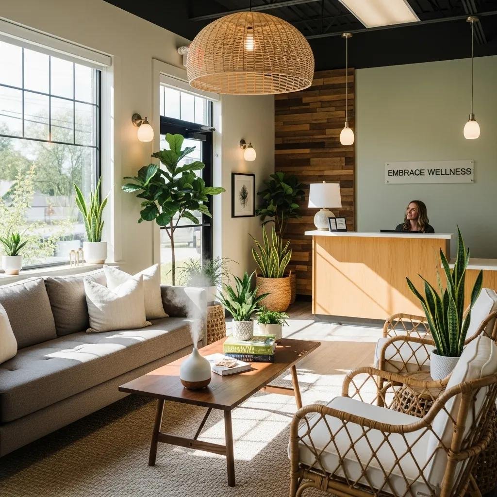 Welcoming holistic medicine office reception area with natural light and calming decor