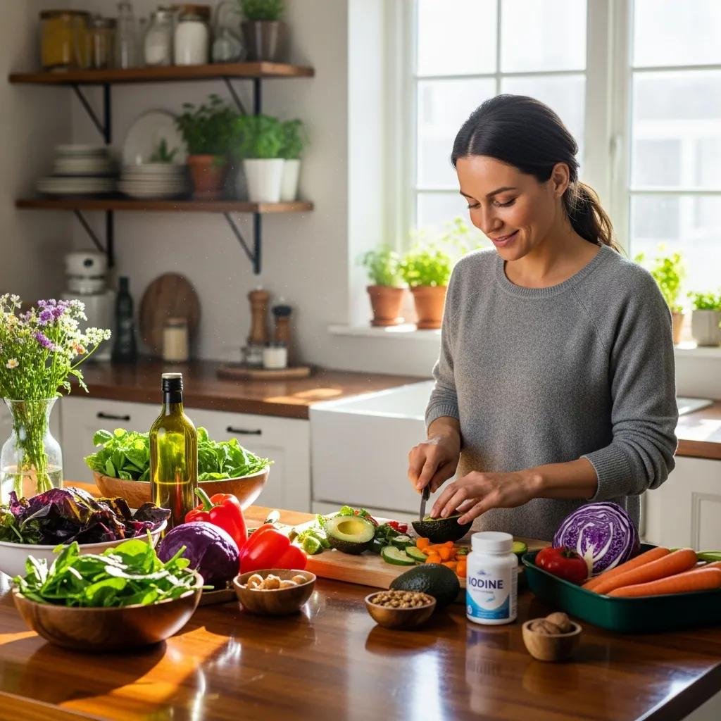 Woman preparing a healthy meal in a cozy kitchen, emphasizing thyroid health and wellness