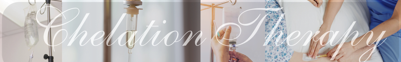 IV drip and hands administering chelation therapy, with elegant text overlay reading "Chelation Therapy," reflecting medical treatment for detoxification and heavy metal removal.